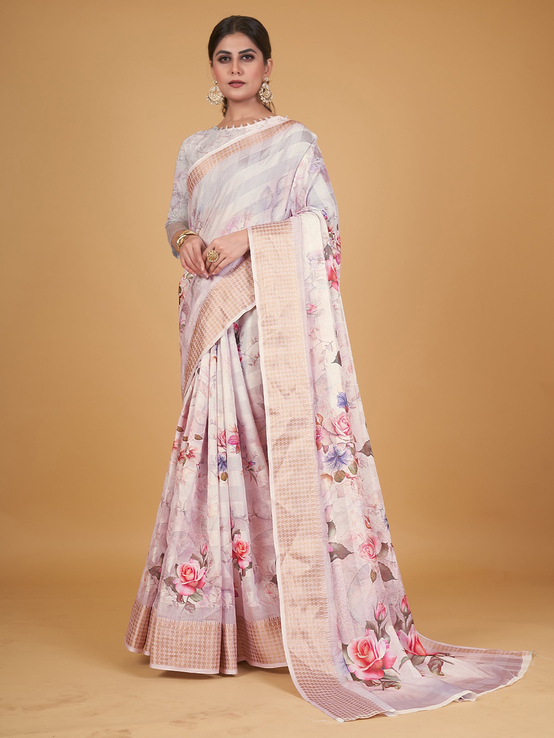 

all about you Floral Printed Silk Cotton Saree, Off white