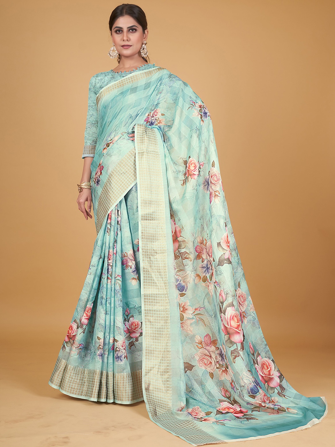 

all about you Floral Printed Silk Cotton Saree, Blue