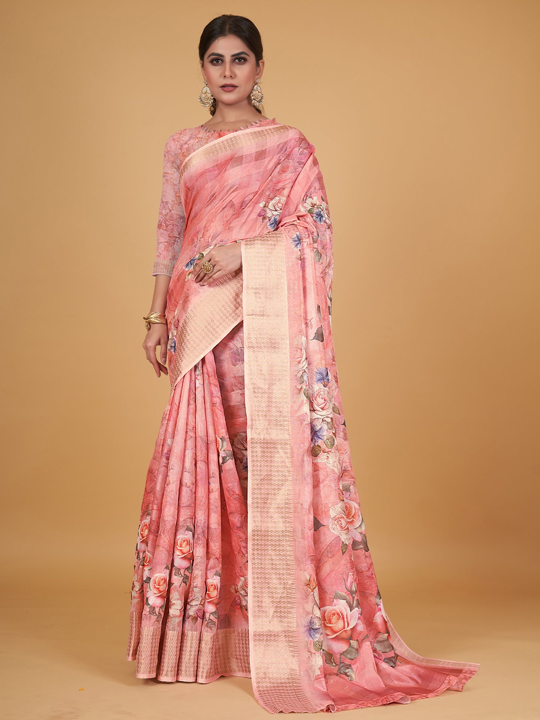 

all about you Floral Printed Silk Cotton Saree, Peach