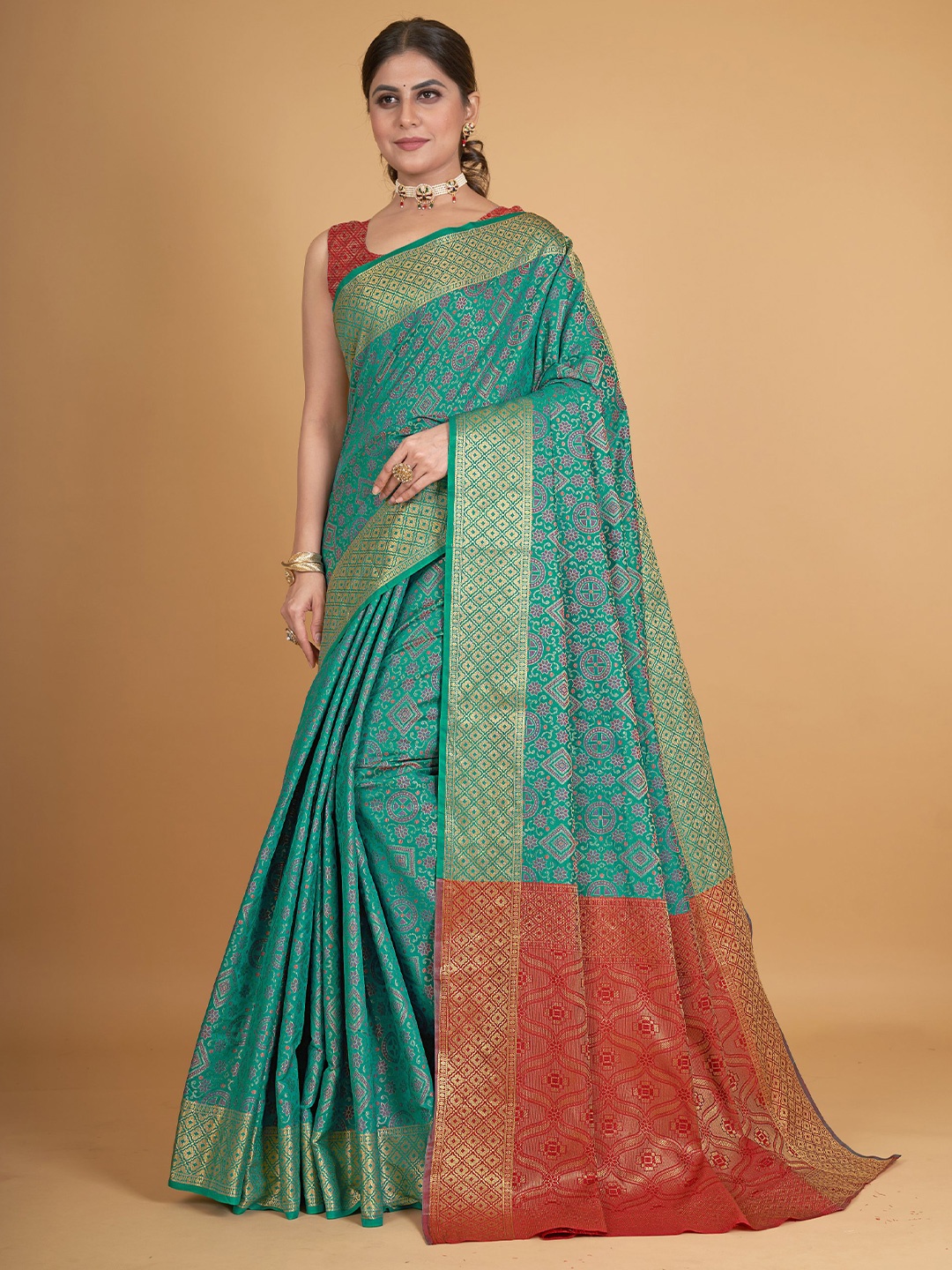 

all about you Floral Printed Zari Pure Silk Saree, Sea green