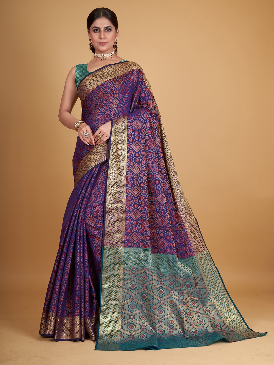 

all about you Floral Printed Zari Pure Silk Saree, Purple