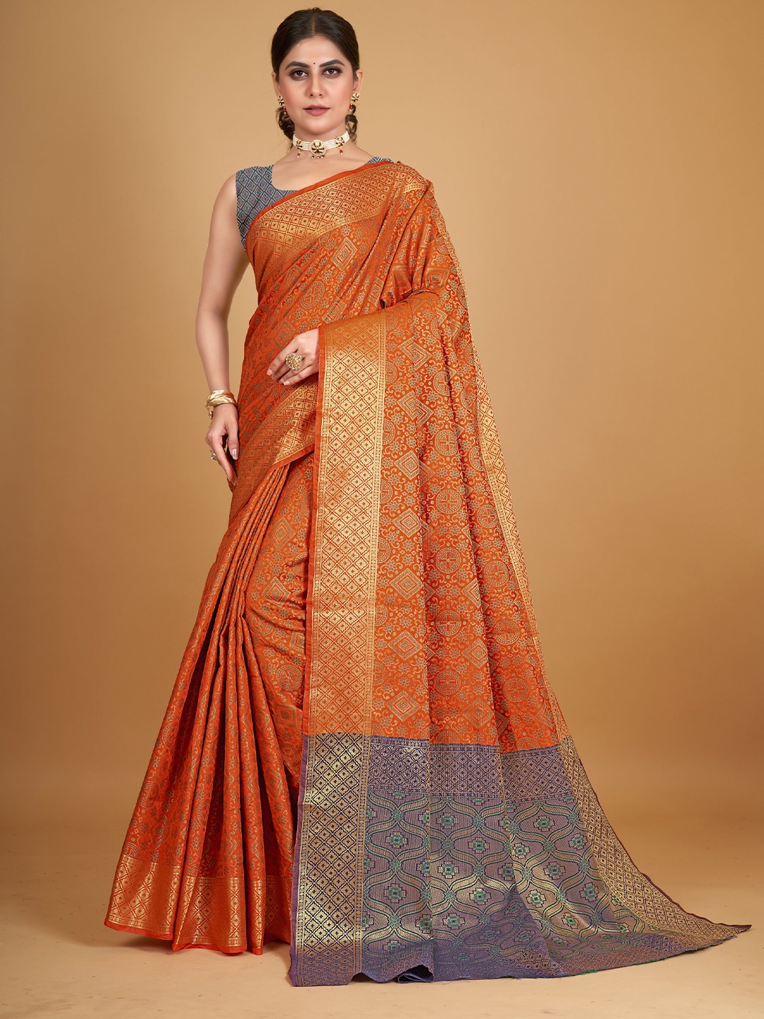 

all about you Orange & Grey Geometric Woven Design Zari Pure Silk Saree