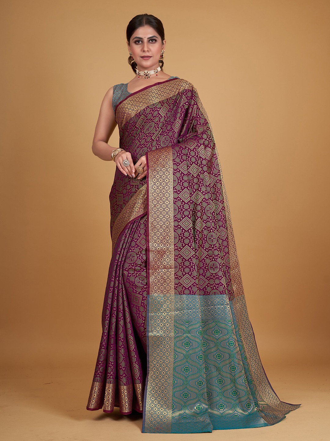 

all about you Ethnic Motifs Woven Design Zari Pure Silk Saree, Purple