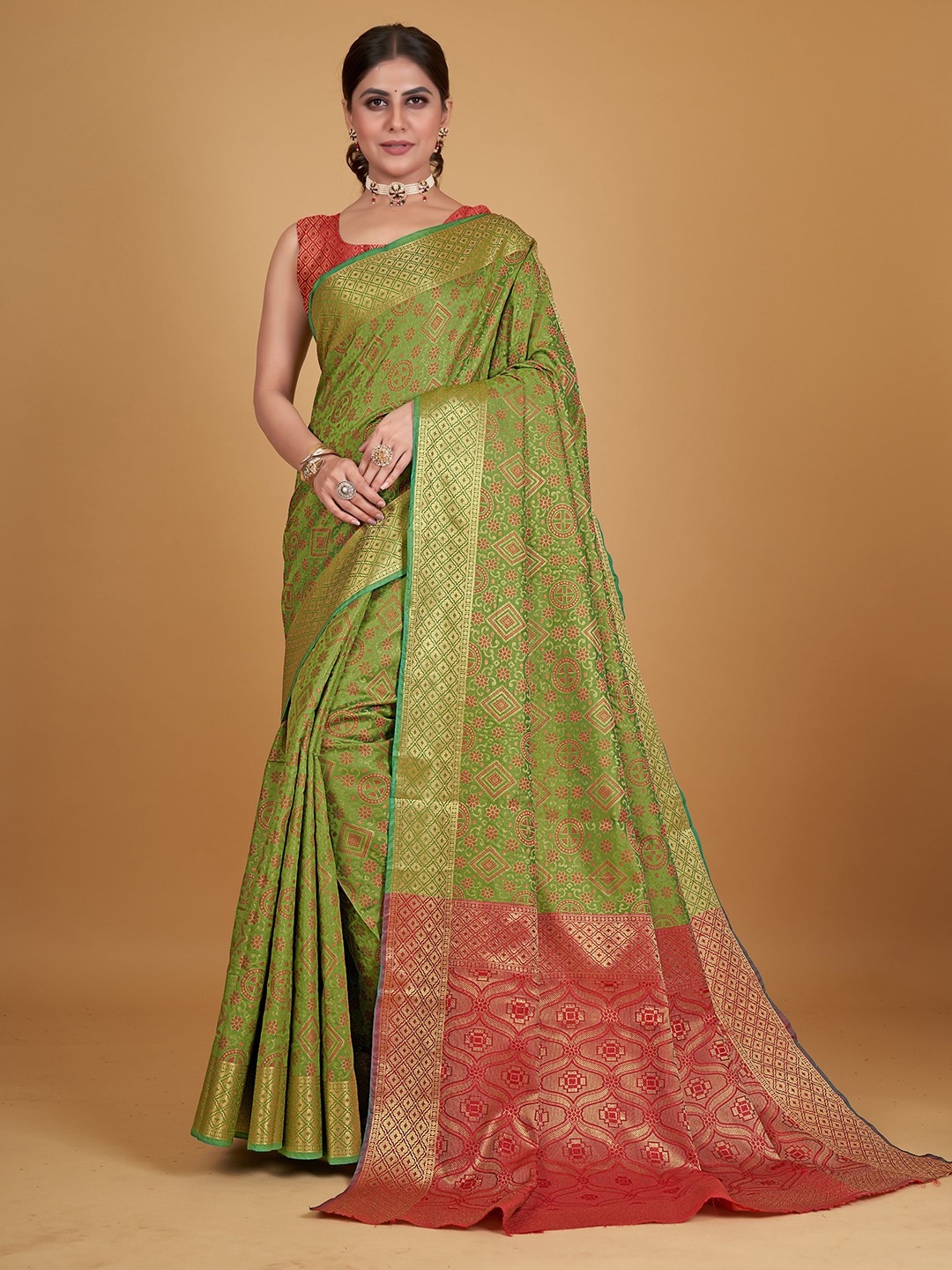 

all about you Green & Red Geometric Woven Design Zari Pure Silk Saree