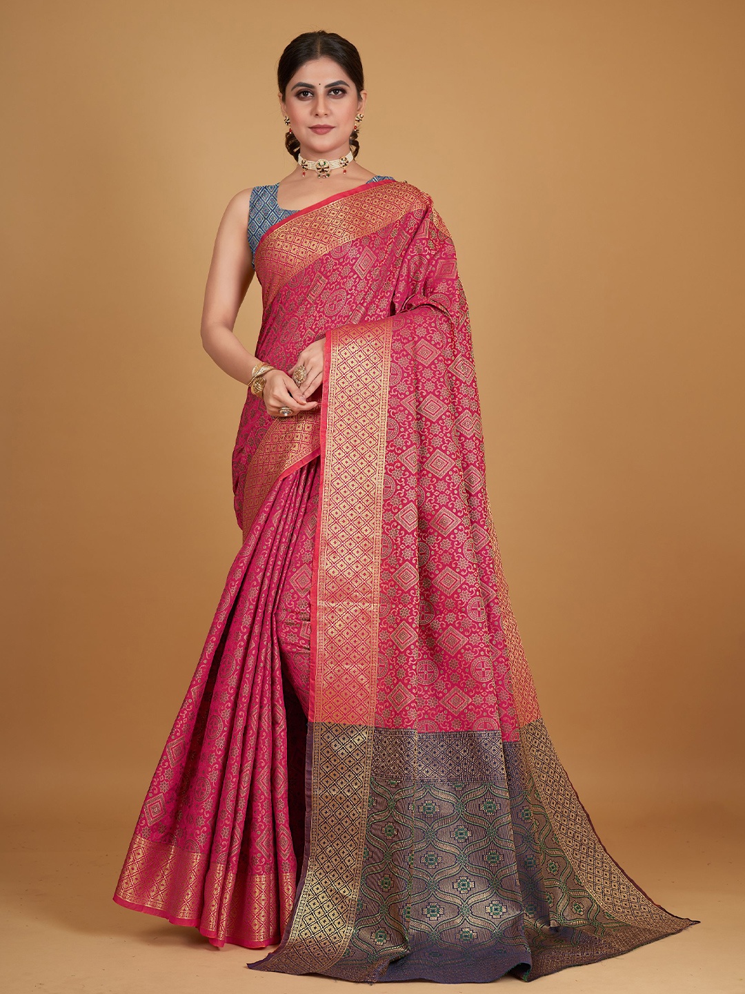 

all about you Ethnic Motifs Woven Design Zari Pure Silk Saree, Pink