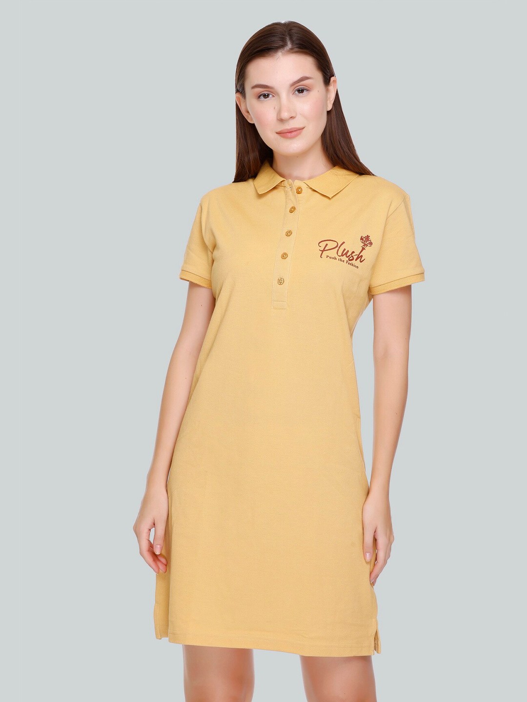 

PLUSH PUSH THE FASHION Shirt Collar T-shirt Mini Dress, Yellow