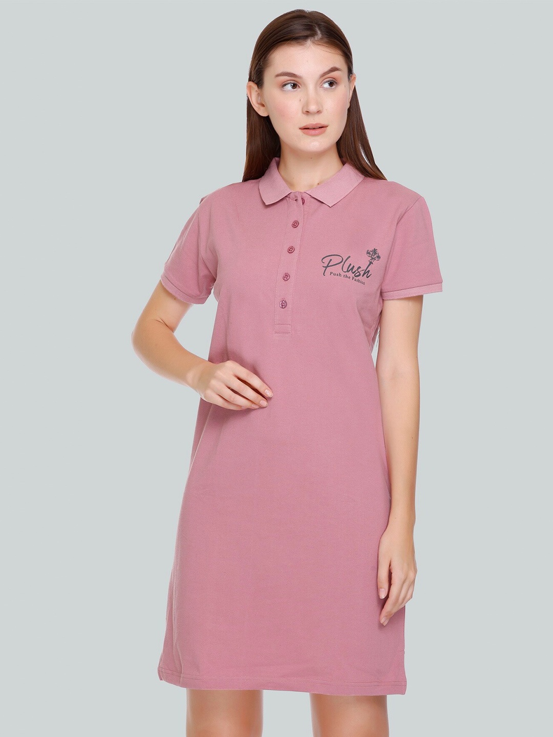 

PLUSH PUSH THE FASHION Shirt Collar T-shirt Mini Dress, Pink