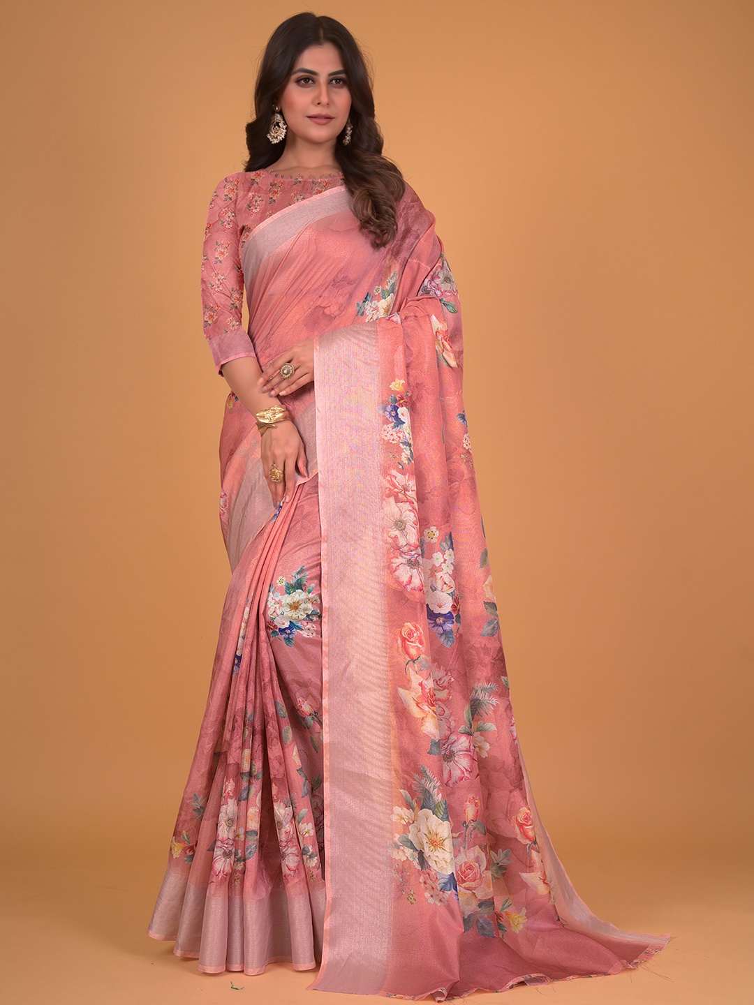 

all about you Floral Printed Zari Silk Cotton Saree, Peach
