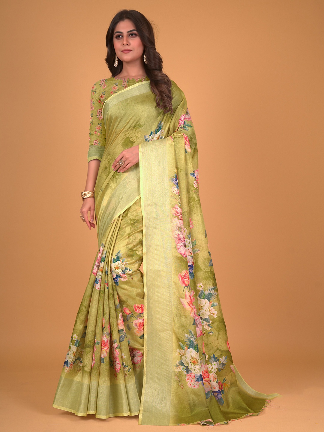 

all about you Green & Pink Floral Printed Silk Cotton Saree