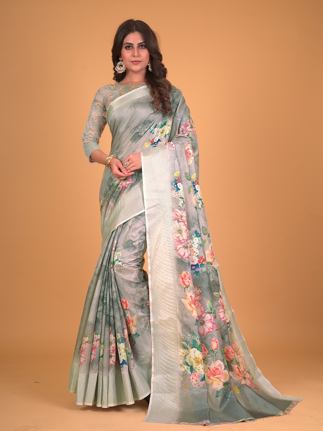 

all about you Floral Printed Silk Cotton Saree, Green