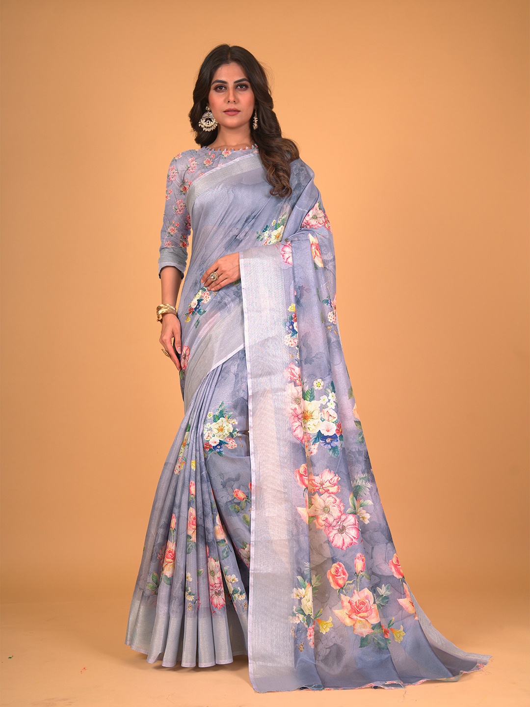 

all about you Grey & Pink Floral Printed Zari Silk Cotton Saree