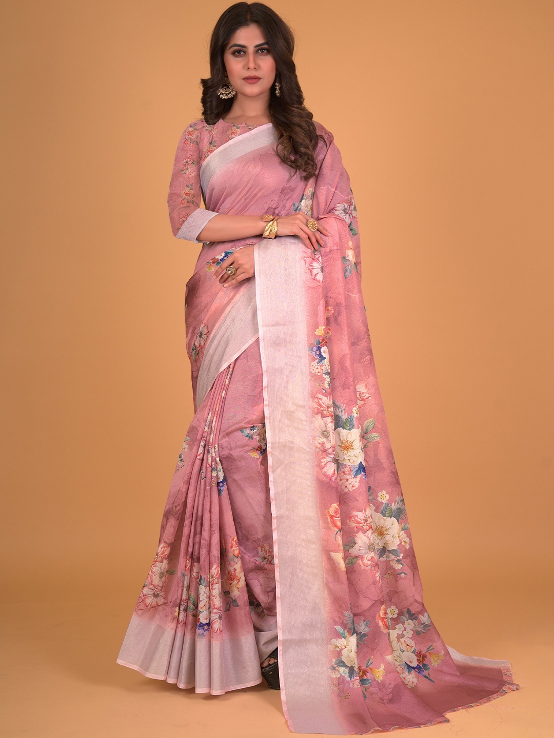

all about you Mauve & White Floral Printed Silk Cotton Saree