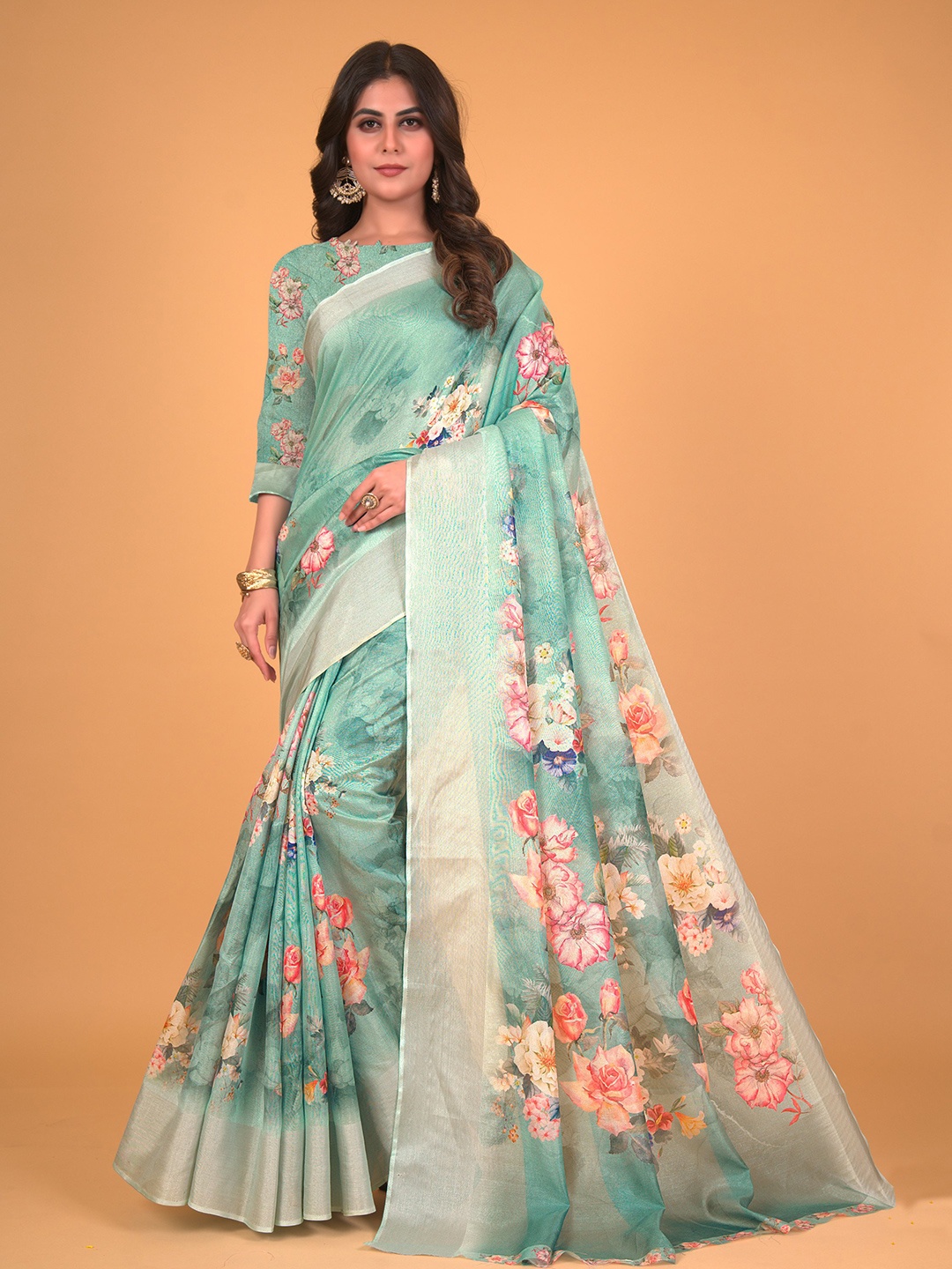 

all about you Floral Printed Silk Cotton Saree, Sea green