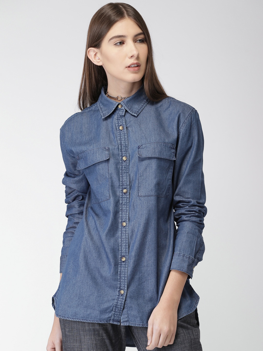 

FOREVER 21 Women Blue Regular Fit Solid Casual Shirt