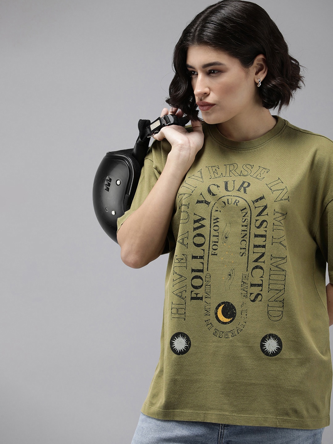 

Roadster Women Graphic Printed Drop-Shoulder Sleeves Boxy T-shirt, Olive