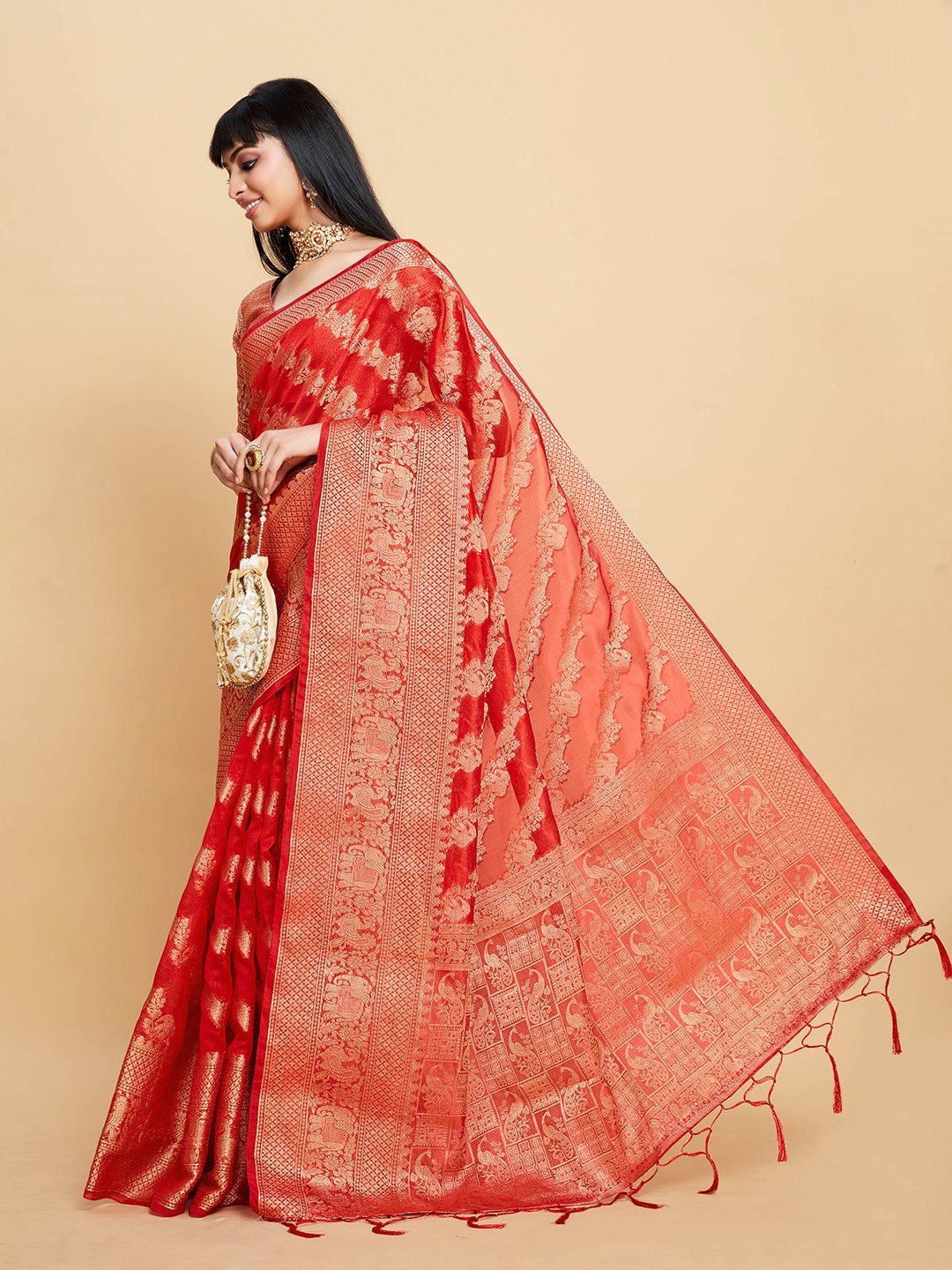

Sangria Ethnic Motif Woven Design Zari Saree With Blouse Piece, Red