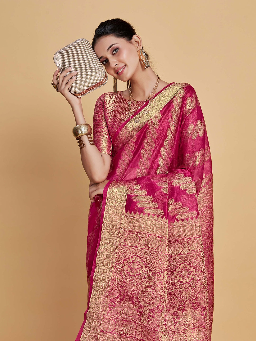 

Sangria Ethnic Motifs Woven Design Organza Saree, Pink