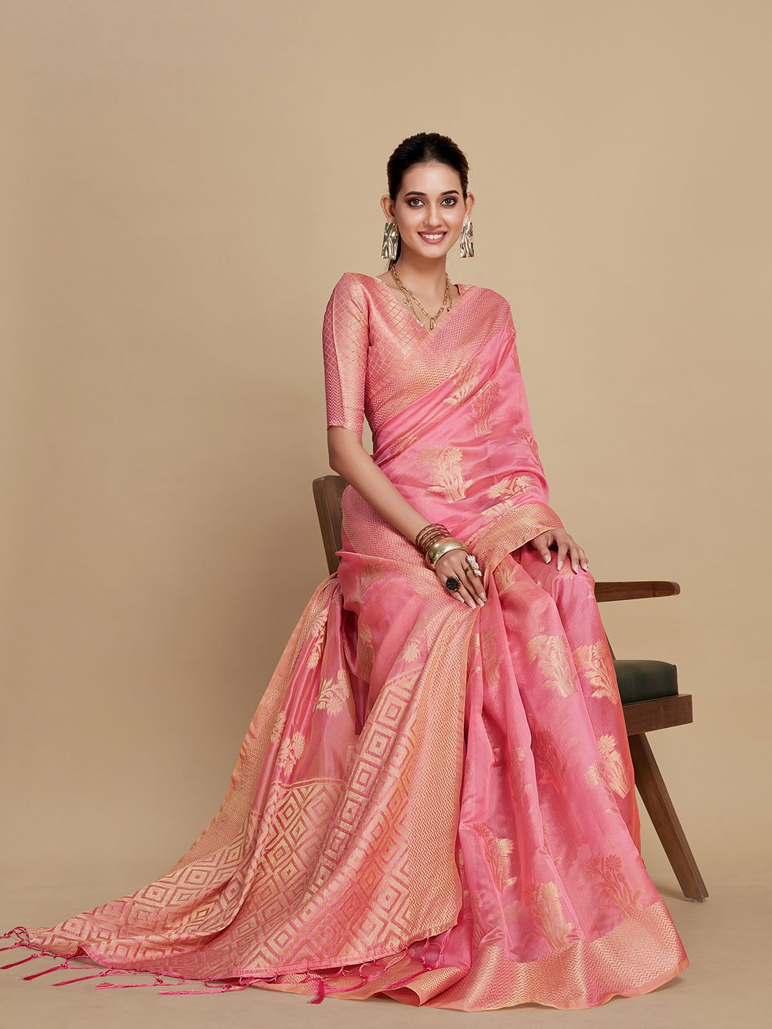 

Sangria Pink Woven Design Organza Saree