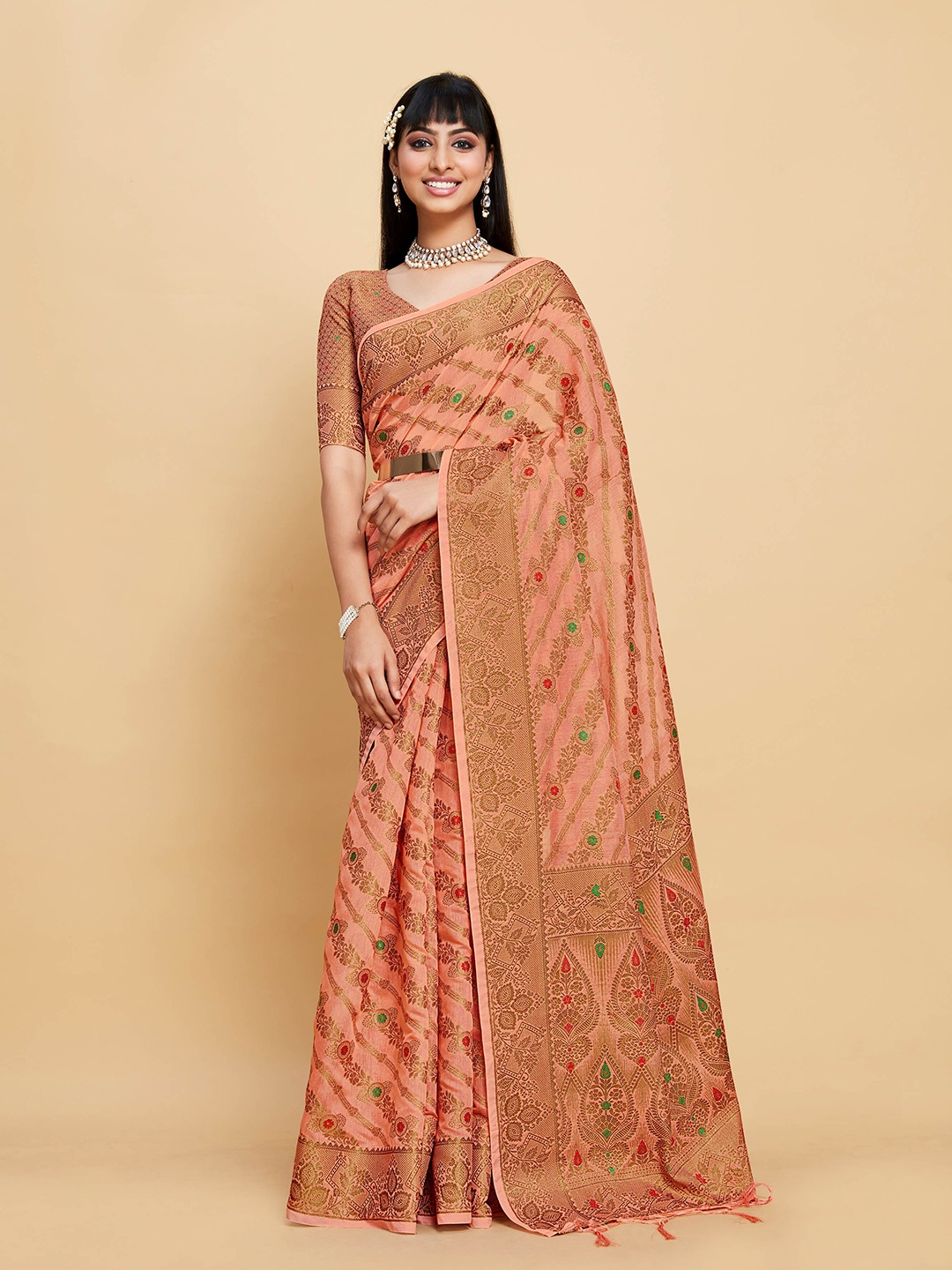 

Sangria Peach Ethnic Motifs Woven Design Zari Saree