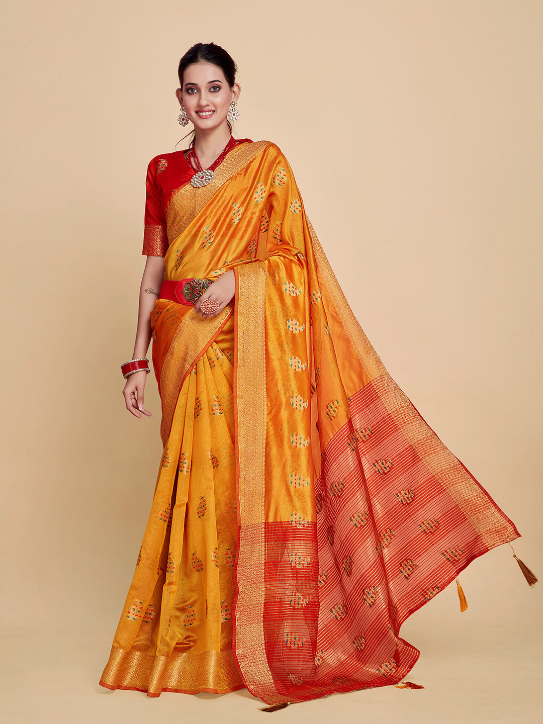 

Sangria Yellow Woven Design Organza Saree