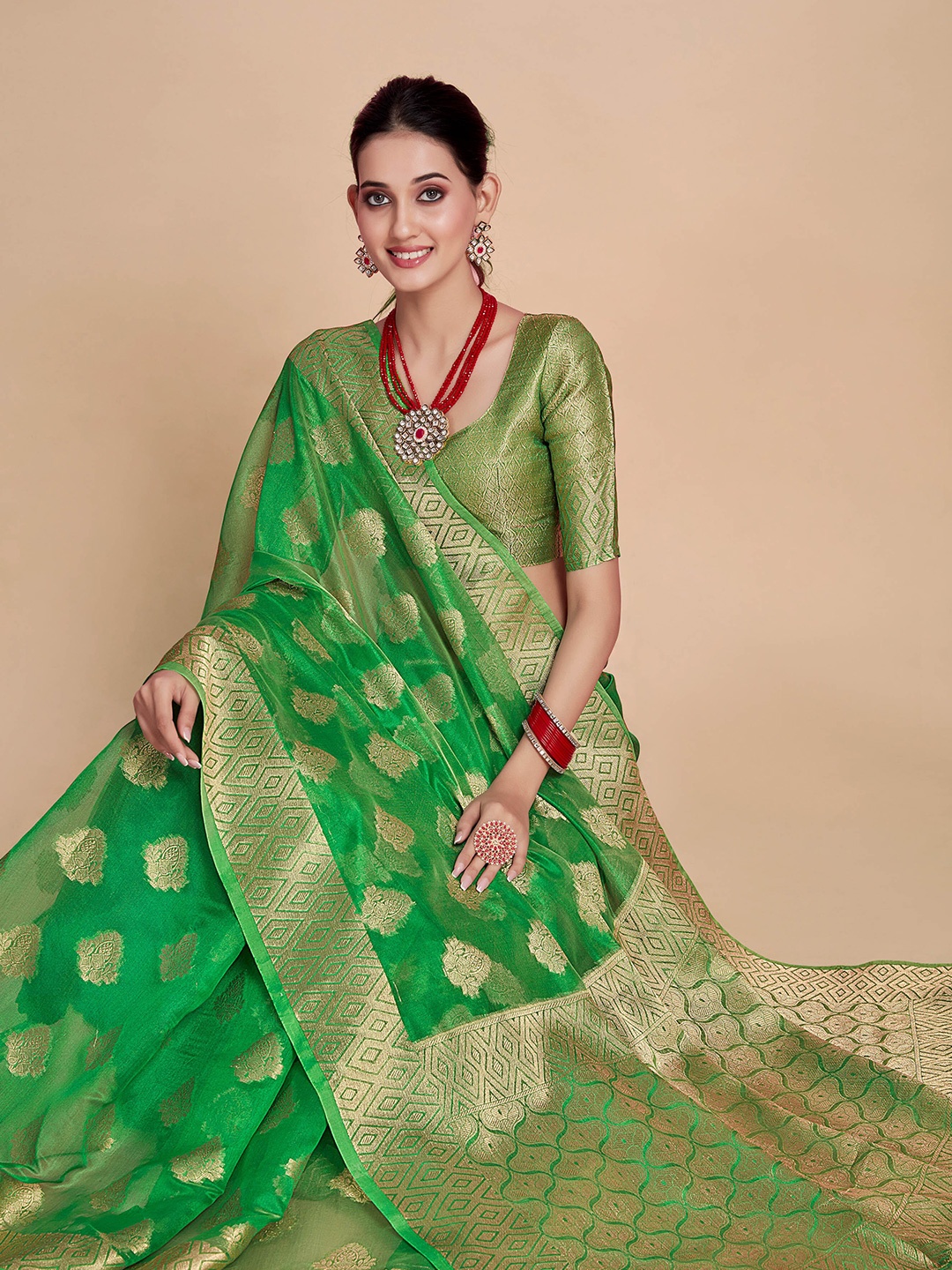 

Sangria Green Ethnic Motifs Woven Design Zari Organza Saree