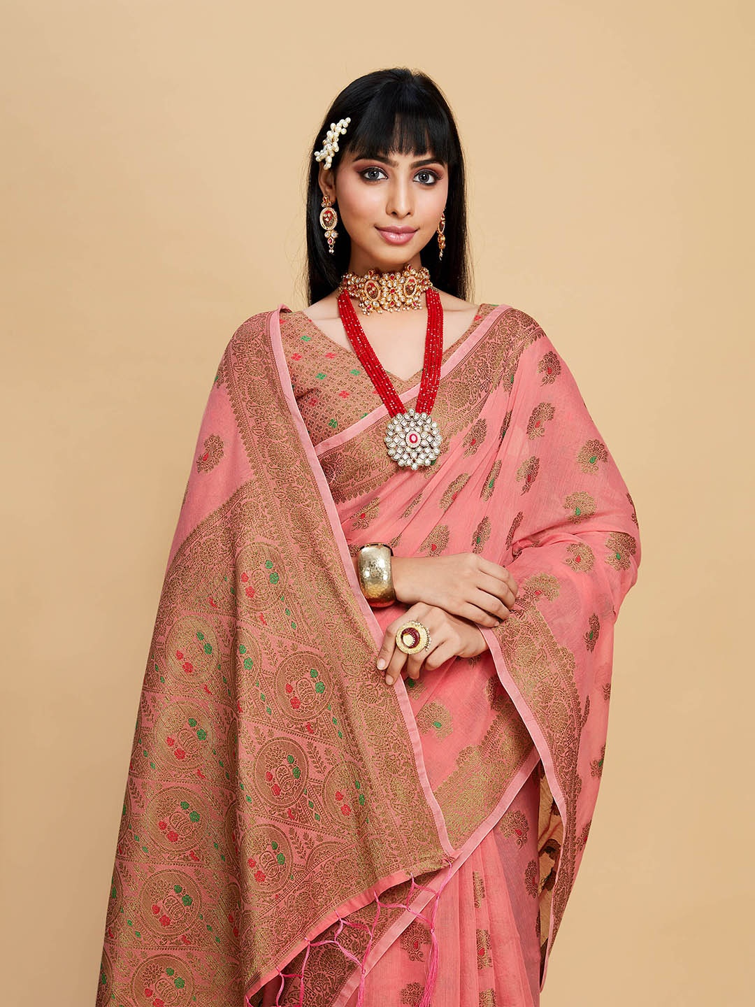 

Sangria Ethnic Motif Printed Zari Saree With Blouse Piece, Peach