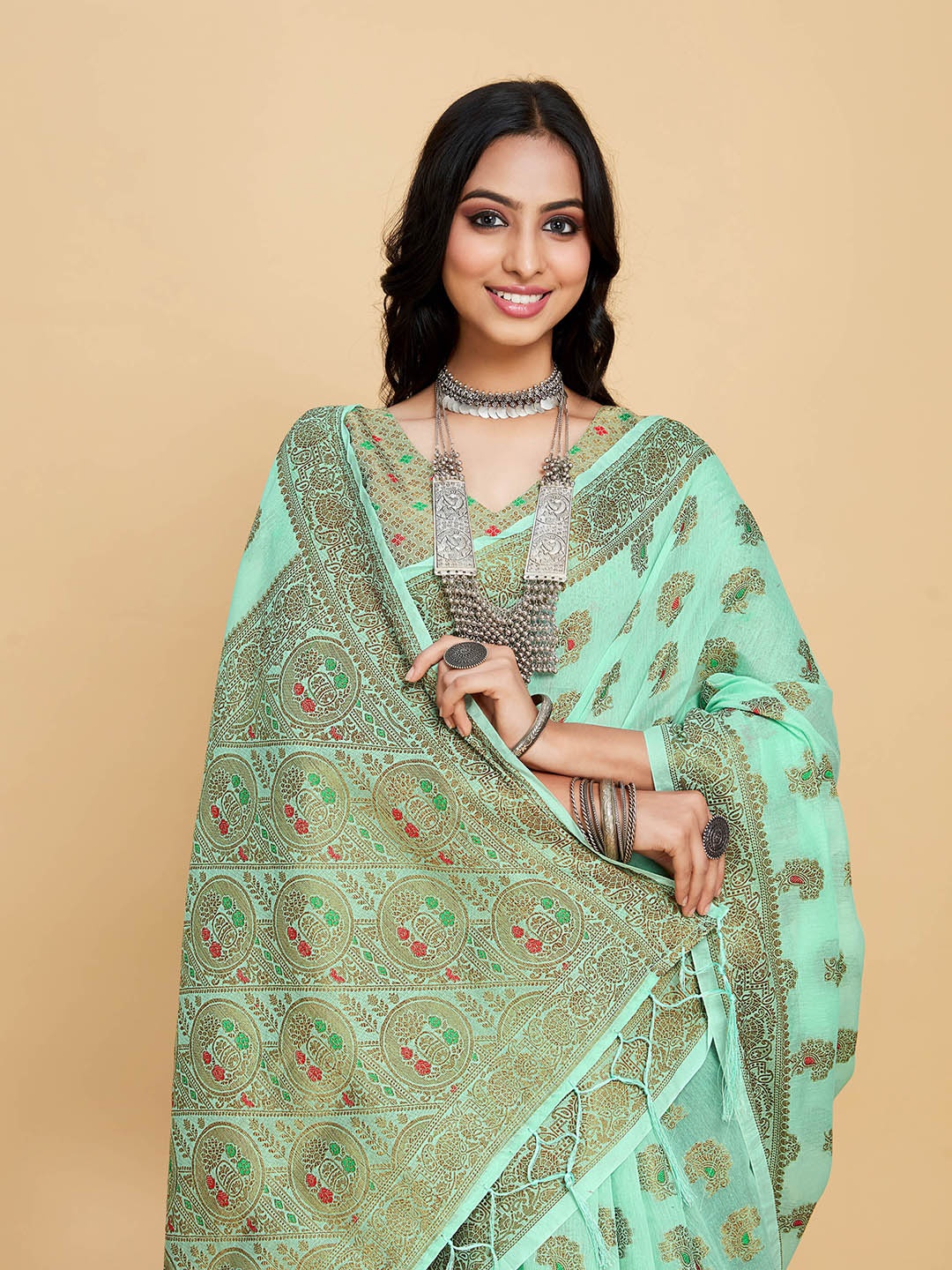 

Sangria Sea Green Ethnic Motif Woven Design Zari Banarasi Saree