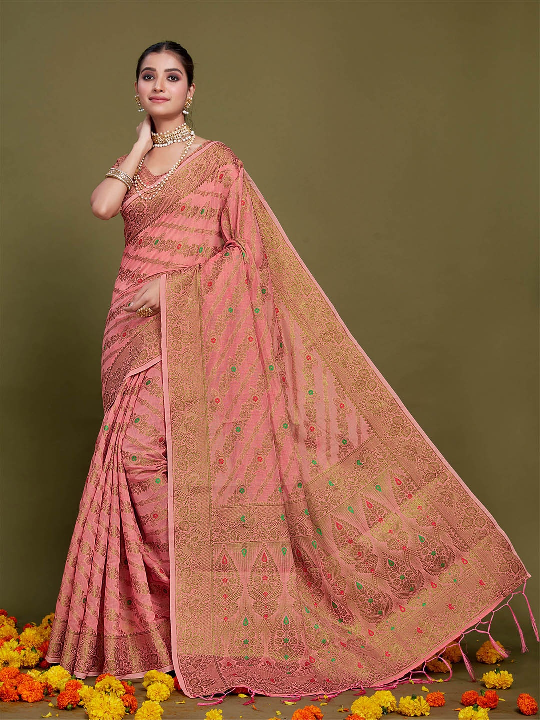 

Sangria Pink & Gold-Toned Floral Woven Design Zari Saree