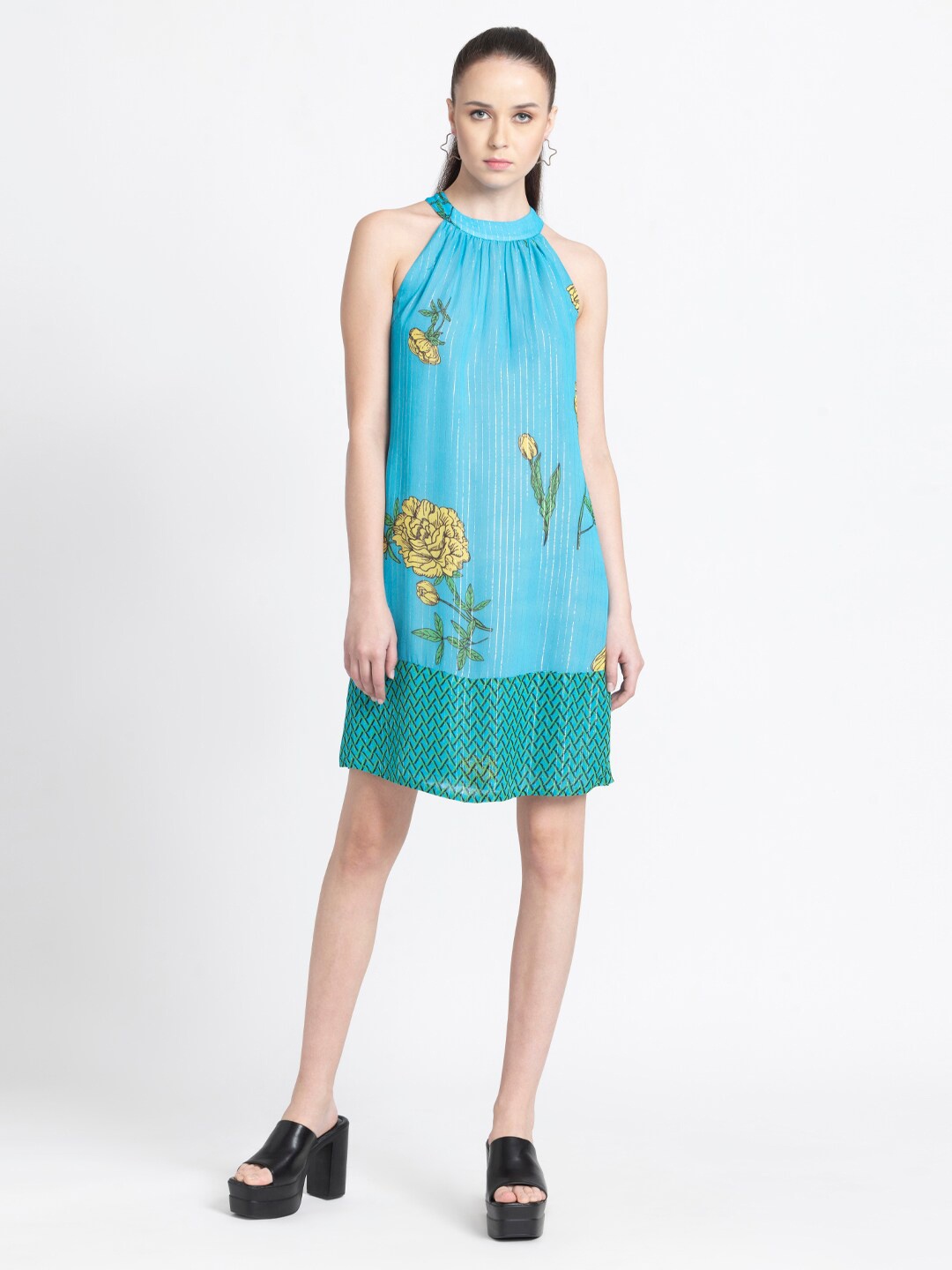 

SHAYE Floral Printed Halter Neck Georgette A-Line Dress, Blue