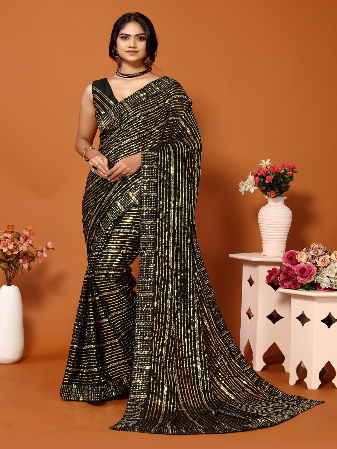 

Paramparik Textile Embellished Sequinned Pure Georgette Heavy Work Kota Saree, Black