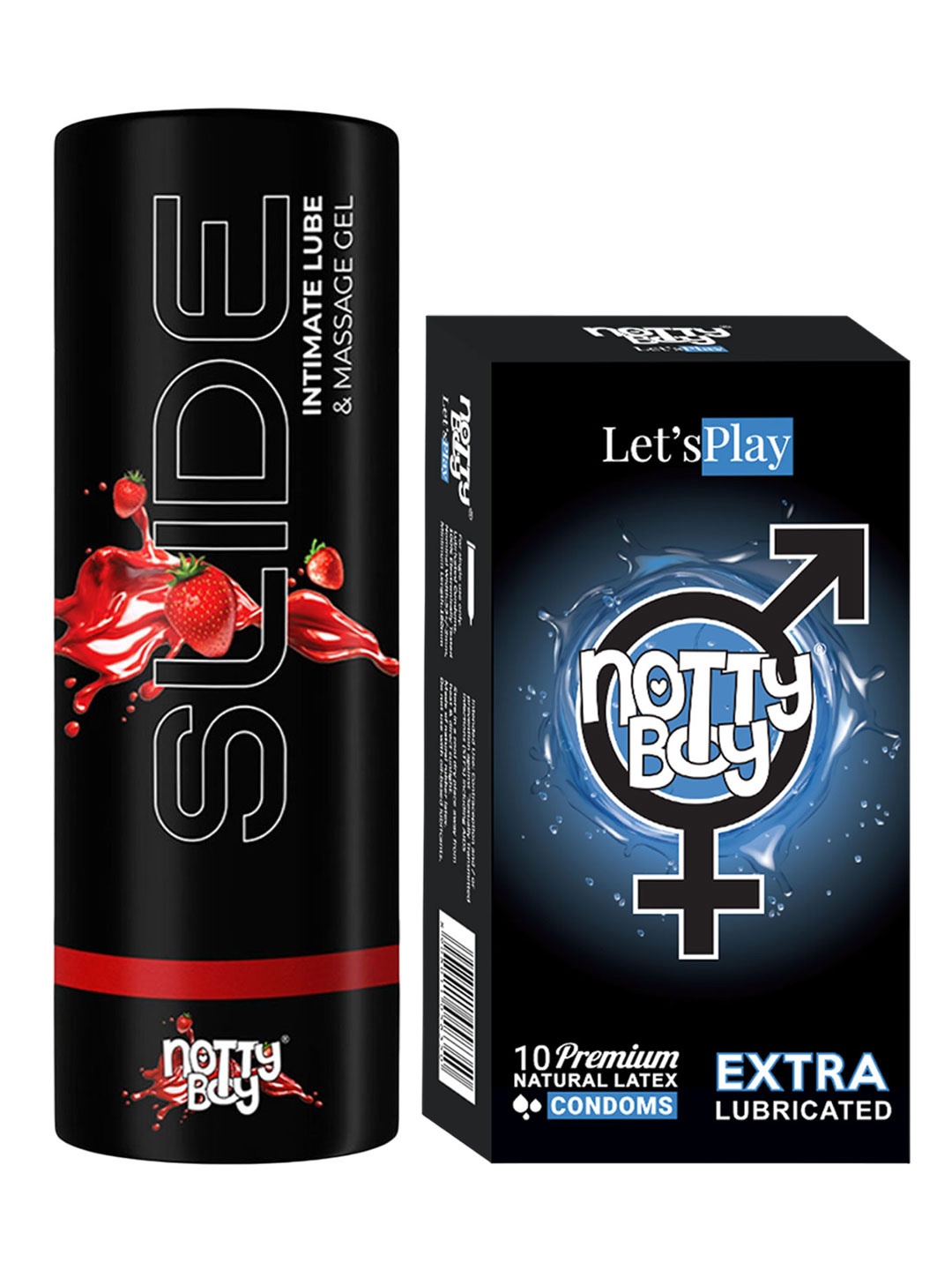 

noTTy Boy Set of Slide Strawberry Flavoured Lube - 100 ml & LetsPlay Condoms - 10 Pcs, Black