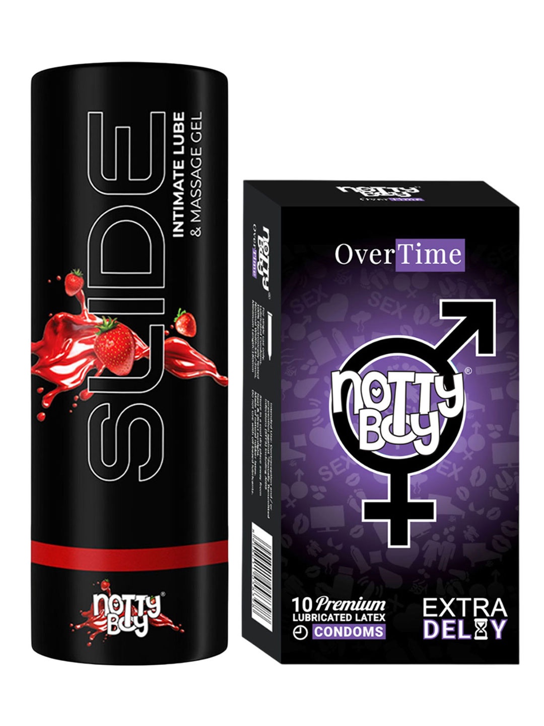 

noTTy Boy Set of Slide Strawberry Flavoured Lube - 100 ml & OverTime Condoms - 10 Pcs, Black