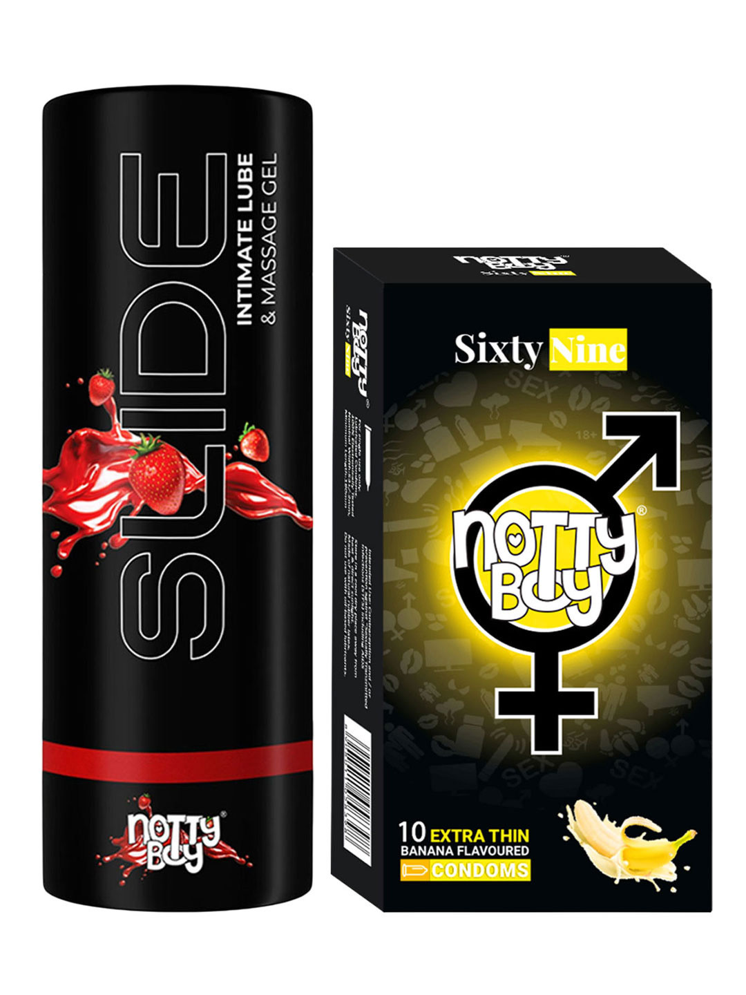 

noTTy Boy Set of Slide Strawberry Flavoured Lube - 100 ml & SixtyNine Condoms - 10 Pcs, Black