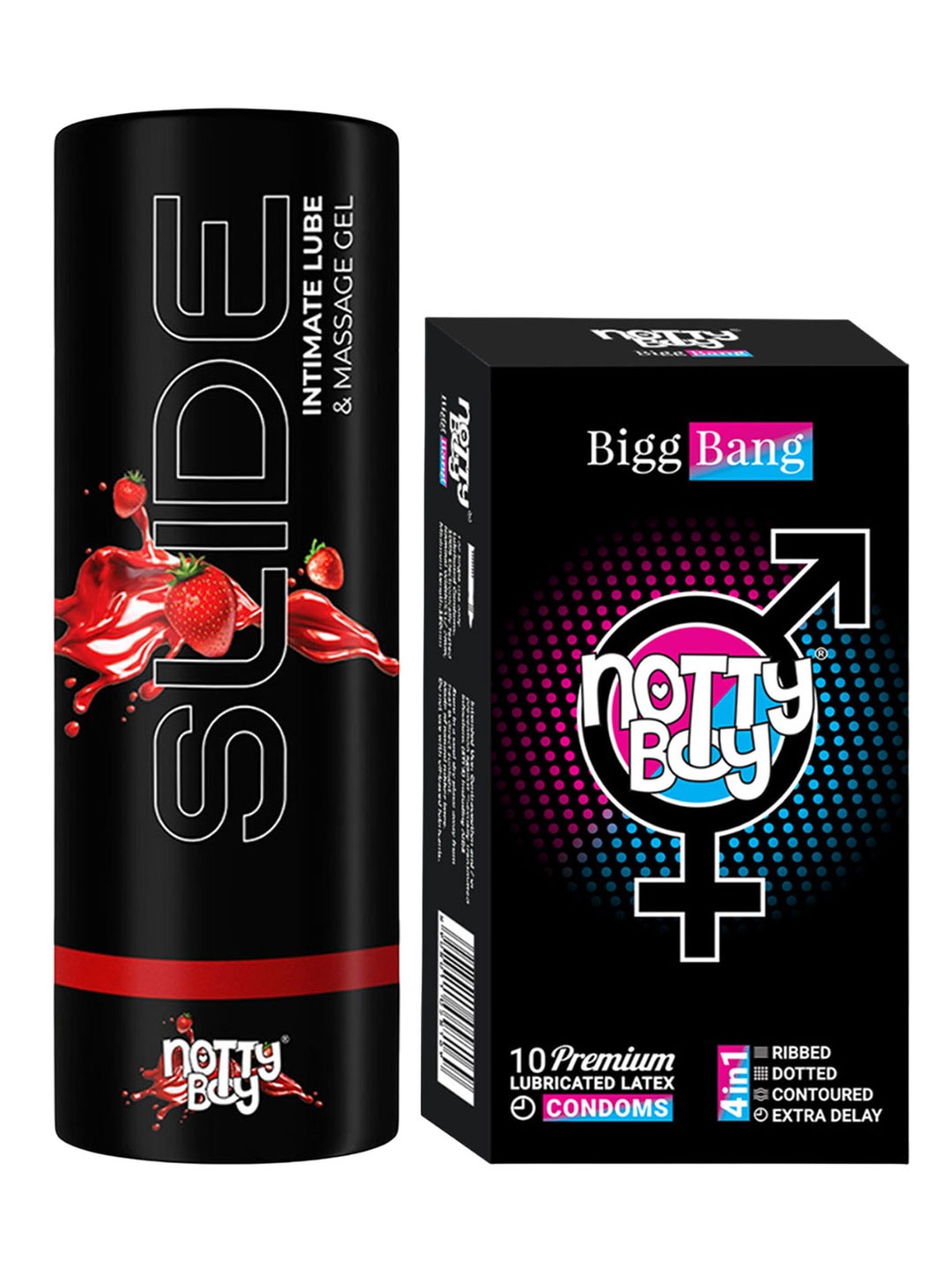 

noTTy Boy Set of Slide Strawberry Flavoured Lube - 100 ml & BiggBang Condoms - 10 Pcs, Black