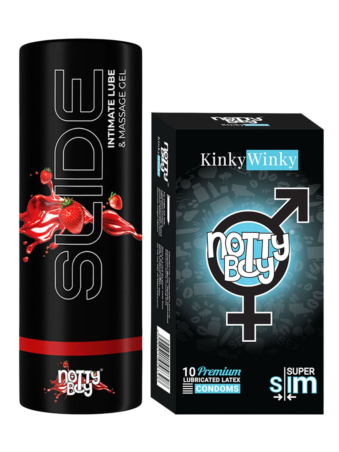 

noTTy Boy Set of Slide Strawberry Flavoured Lube - 100 ml & KinkyWinky Condoms - 10 Pcs, Black