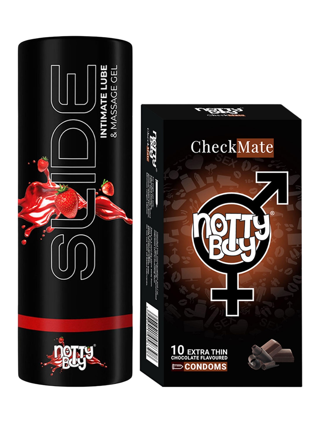 

noTTy Boy Set of Slide Strawberry Flavoured Lube - 100 ml & CheckMate Condoms - 10 Pcs, Black