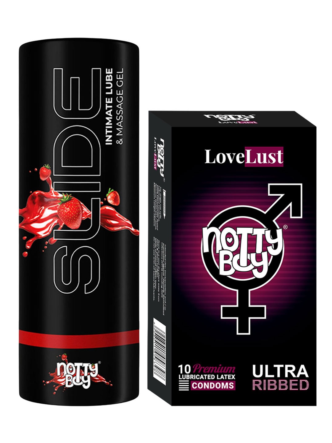 

noTTy Boy Set of Slide Strawberry Flavoured Lube - 100 ml & LoveLust Condoms - 10 Pcs, Black