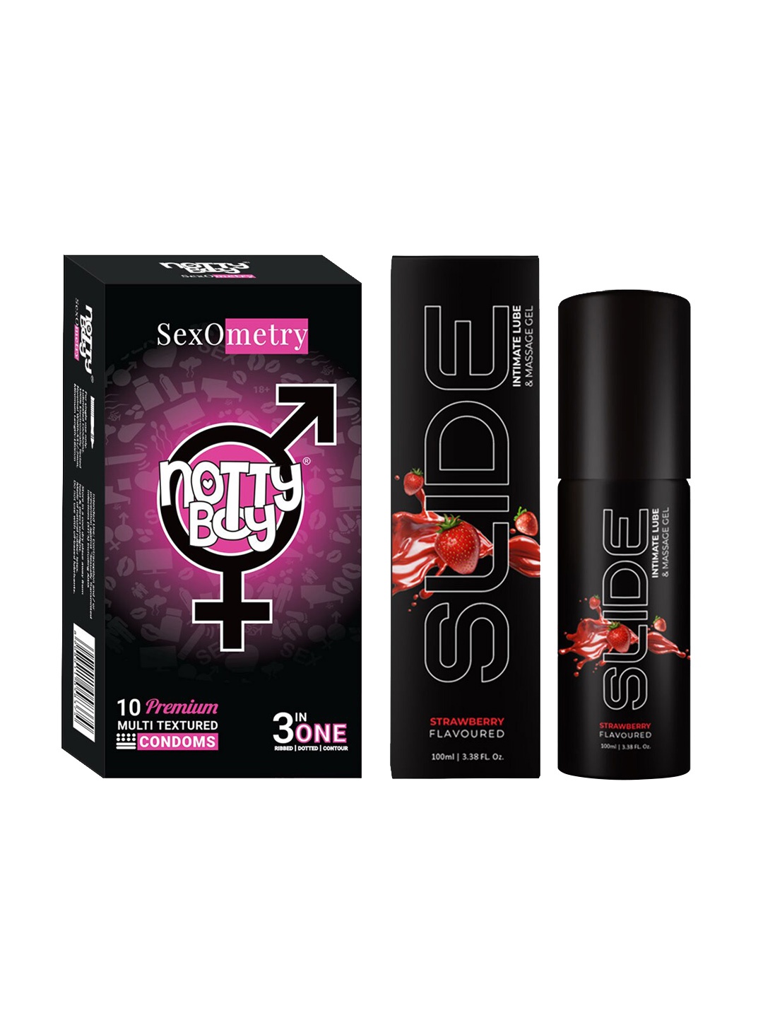 

noTTy Boy Set Of 2 Slide Water Based Lubricant & Massage Gel - 100 ml With Condoms - 10Pcs, Black