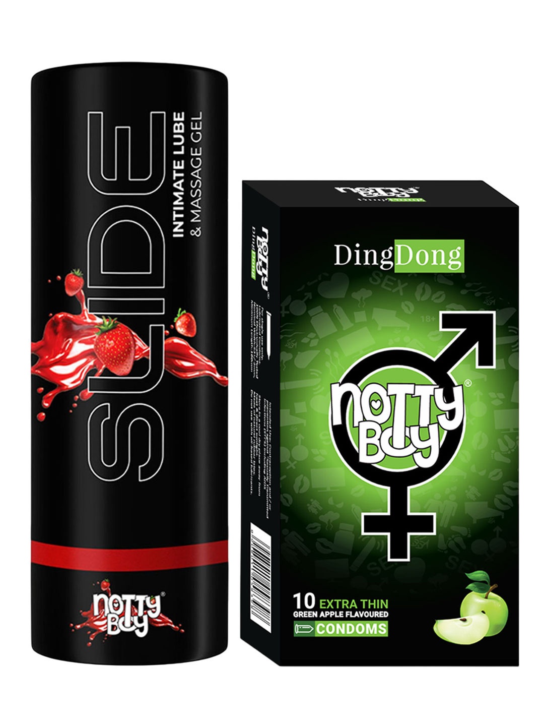 

noTTy Boy Set of Slide Strawberry Flavoured Lube - 100 ml & DingDong Condoms - 10 Pcs, Black