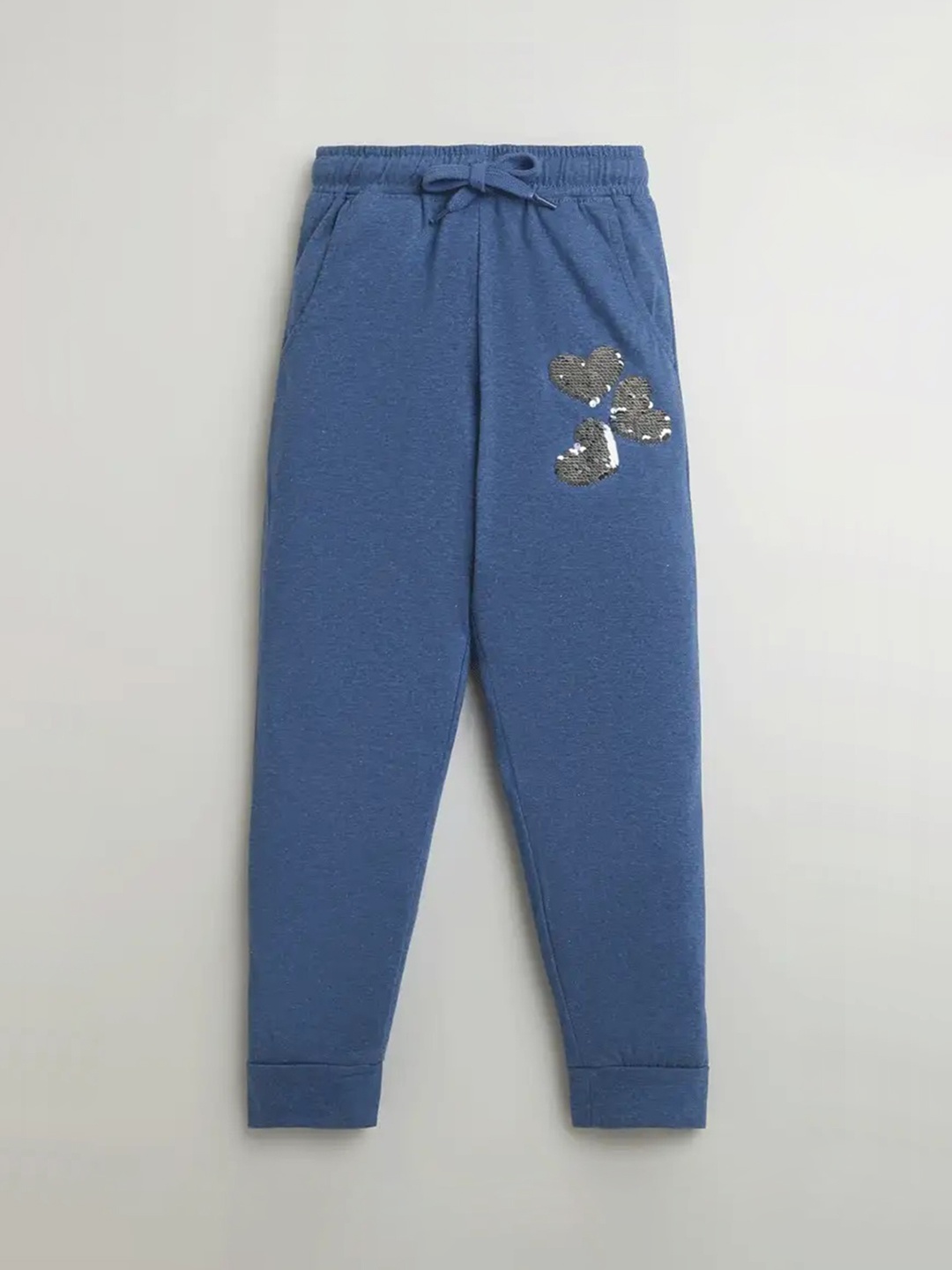 

KiddoPanti Girls Mid-Rise Heart Printed Pure Cotton Joggers, Blue