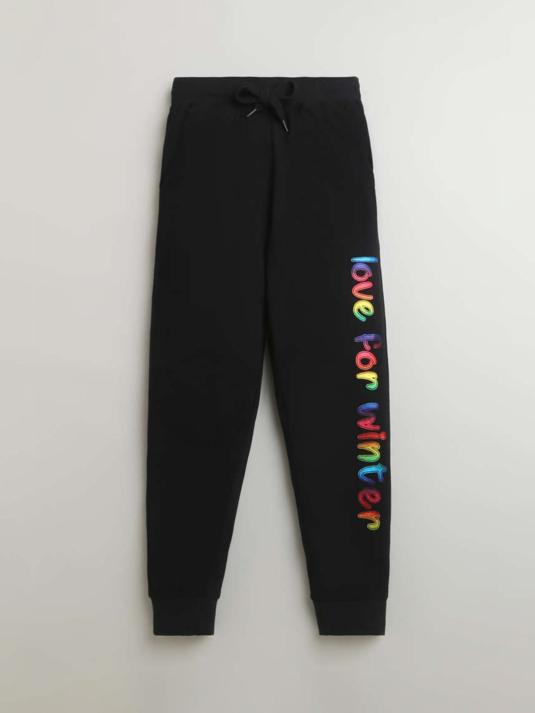 

KiddoPanti Girls Mid-Rise Typography Printed Pure Cotton Joggers, Black