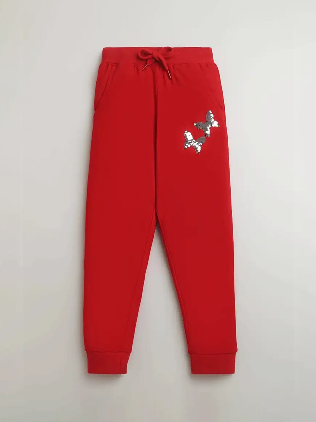 

KiddoPanti Girls Butterfly Printed Pure Cotton Joggers, Red
