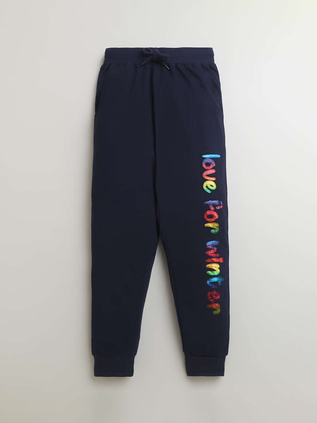 

KiddoPanti Girls Mid-Rise Typography Printed Pure Cotton Joggers, Navy blue