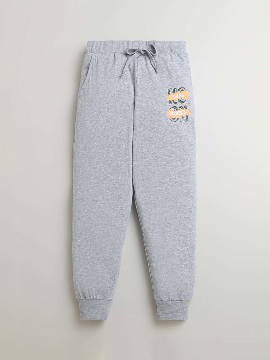 

KiddoPanti Boys No Rules No Excuses Printed Mid-Rise Pure Cotton Joggers, Grey melange