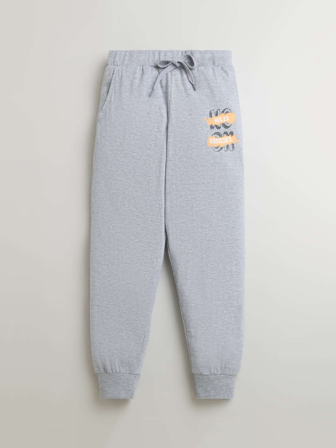 

KiddoPanti Boys Mid-Rise Pure Typography Printed Cotton Joggers, Grey melange