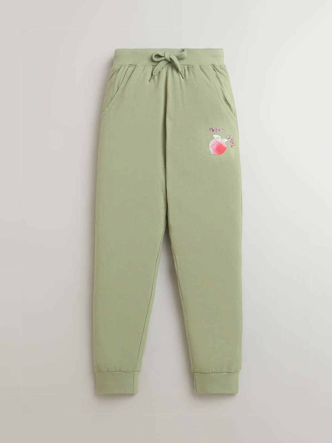 

KiddoPanti Girls Peach Printed Mid-Rise Pure Cotton Joggers, Green