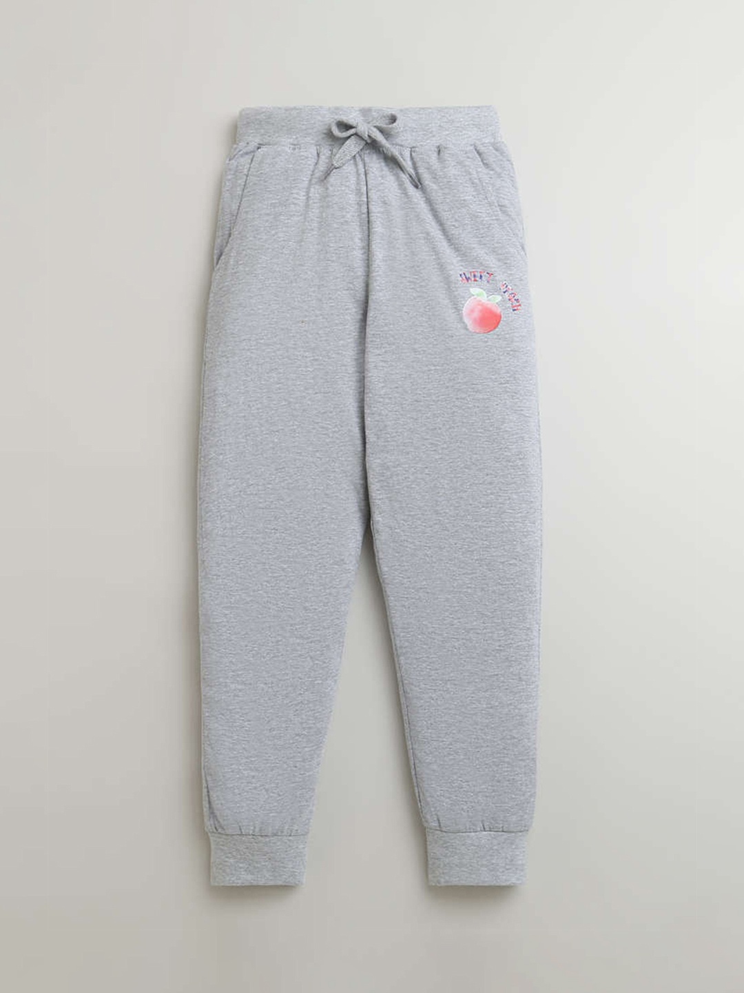 

KiddoPanti Girls Peach Printed Mid-Rise Pure Cotton Joggers, Grey melange