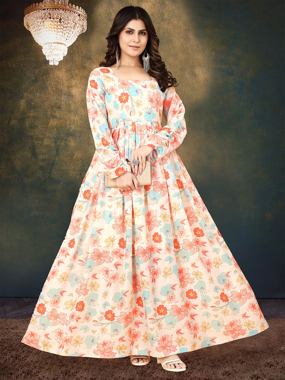 

elora Floral Printed Square Neck Gathered Maxi Dress, Cream