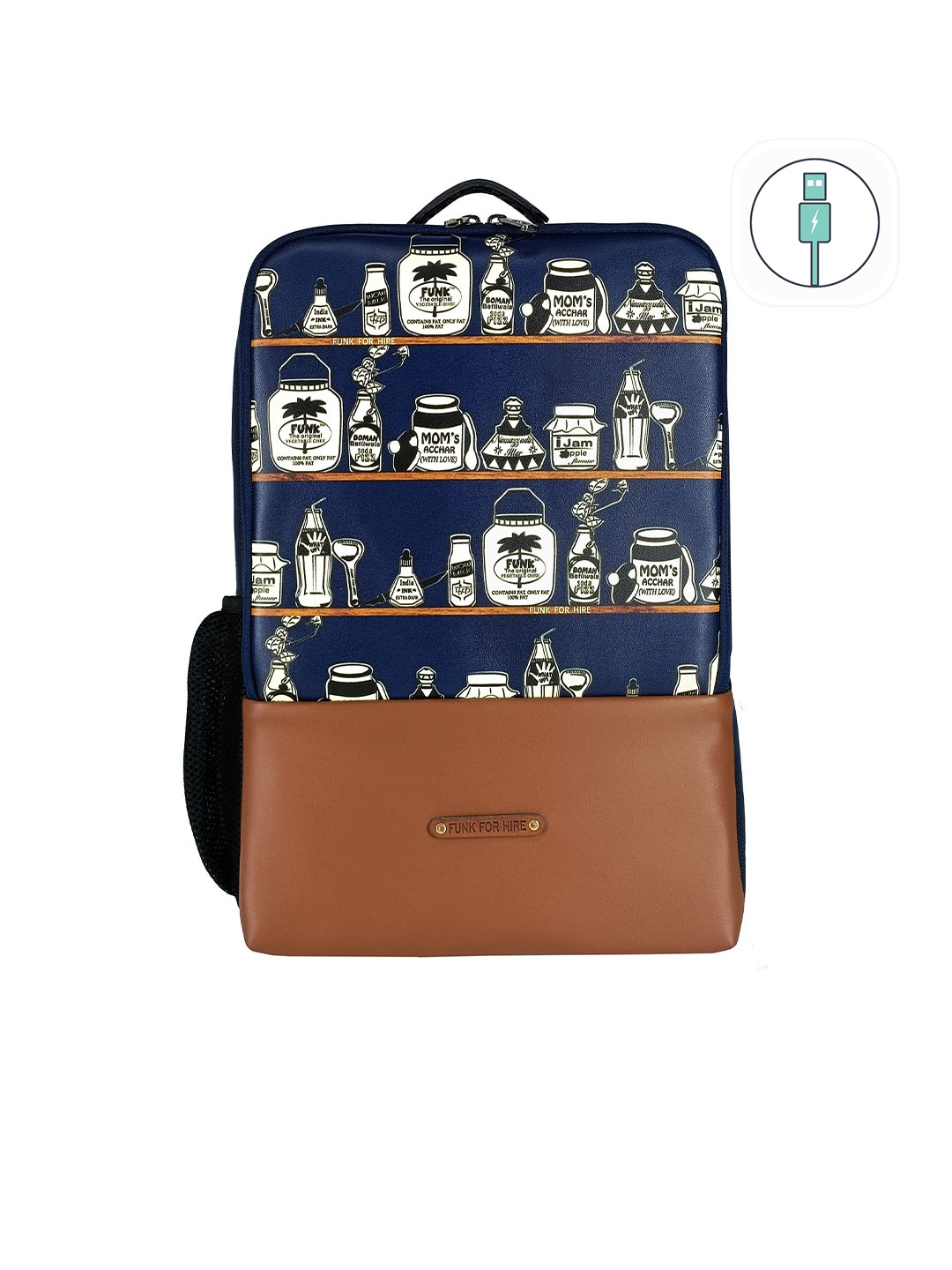 

Funk For Hire Unisex Graphic 15 Inch Laptop Backpack with USB Charging Port, Navy blue