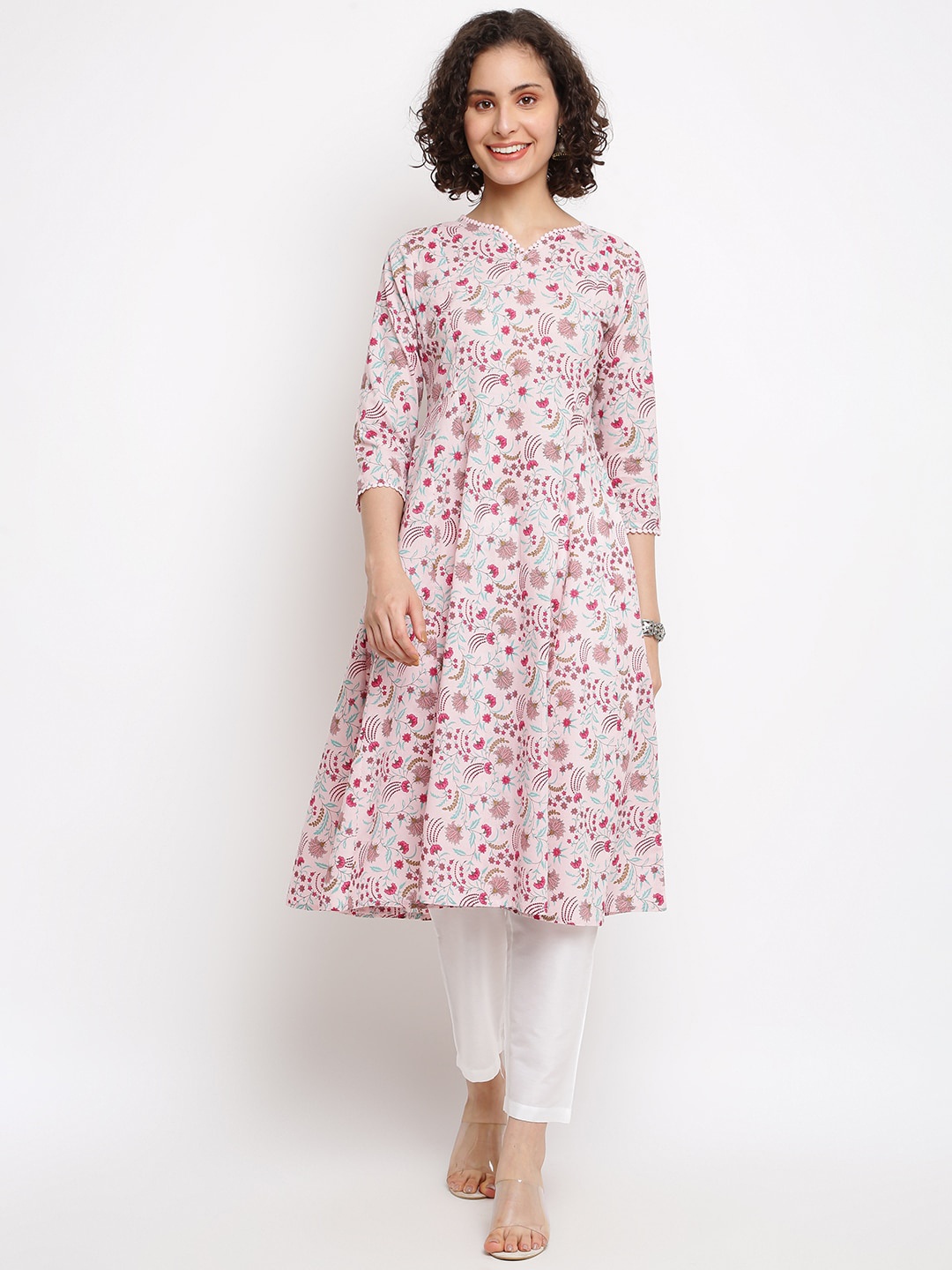 IMARA Floral Printed A-Line Kurta, Pink